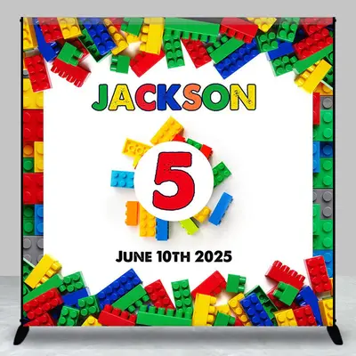Colorful Toy Block Custom Name 5th Birthday Backdrop