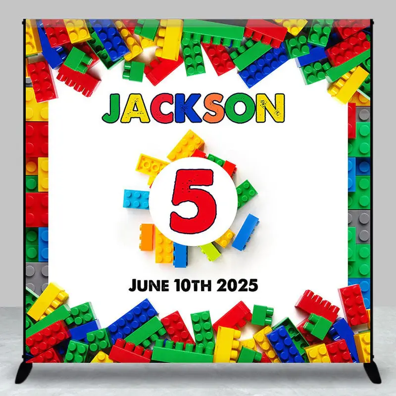 Colorful Toy Block Custom Name 5th Birthday Backdrop
