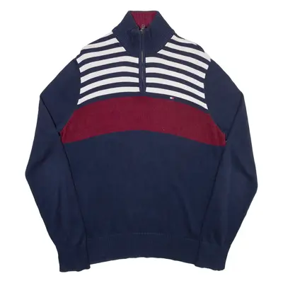TOMMY HILFIGER Mens Jumper Blue Striped 1/4 Zip Tight Knit M