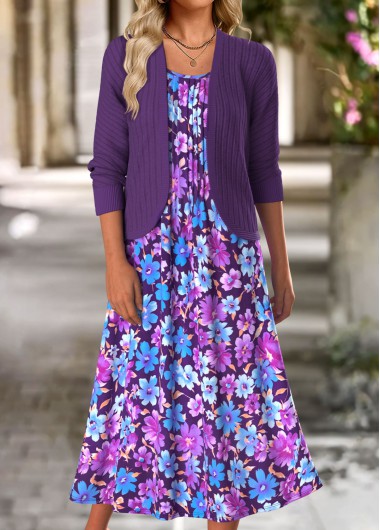 Modlily Purple Tummy Coverage Floral Print Dress and Cardigan - XXL