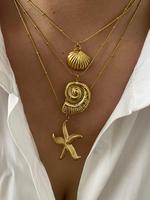 Shell & Starfish & Conch Design Pendant Statement Necklace, Fashion Charm Necklaces for Party, Daily Clothing Decor, Trendy A...
