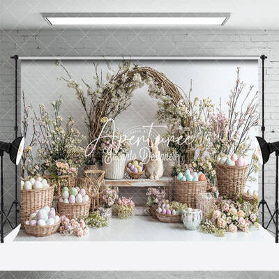 Aperturee Spring Floral Vine Bunny Eggs Basket Easter Backdrop, 3X2FT(1MX0.6M), 14 USD, easter backdrops, ENHD3J65-M