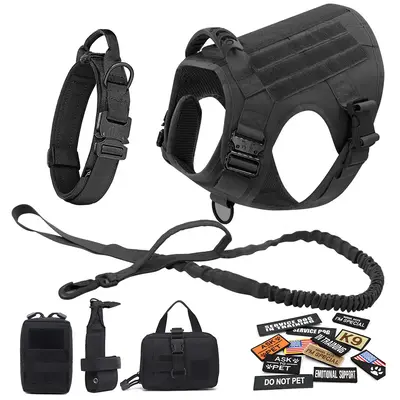 Tactical Dog Harness and Easy Control Training Dog Collar with Bungee Dog Leash Set, Heavy Duty Dog Harness with Handle, No-P...