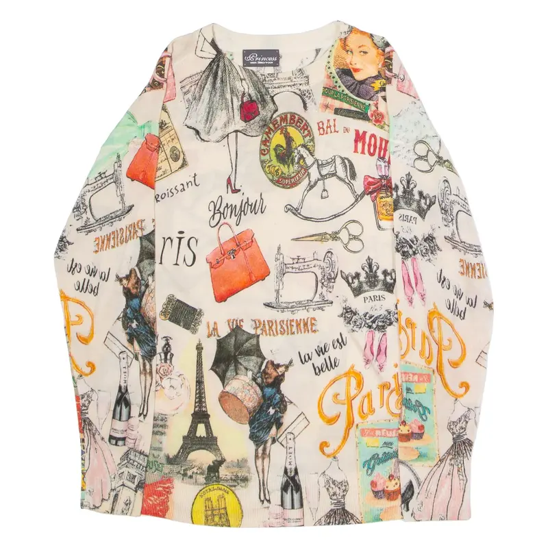 PRINCESS GOES HOLLYWOOD Paris Print Womens Patterned Jumper Cream Crazy Pattern Wool UK 14