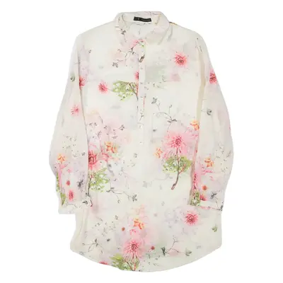 ZARA Sheer Womens Printed Shirt Beige Collared Long Sleeve Floral S