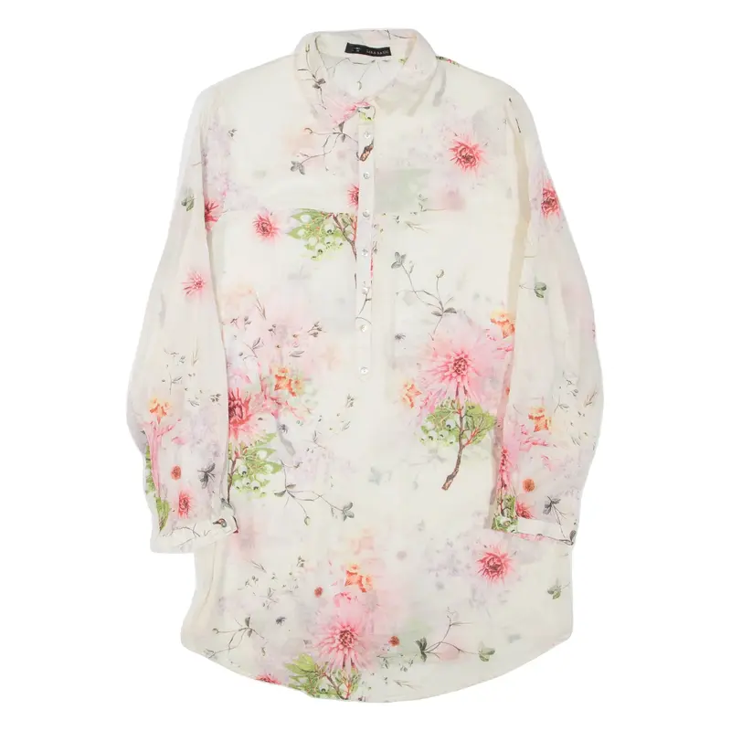 ZARA Sheer Womens Printed Shirt Beige Collared Long Sleeve Floral S