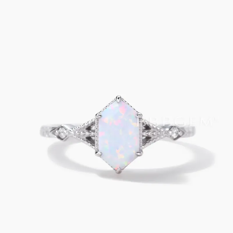 Vintage Long Hexagon Cut White Opal Ring Diamond Art Deco Engagement Ring