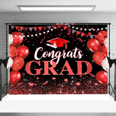 Black Red Sparkle Balloons Congrats Grad Backdrop - Aperturee