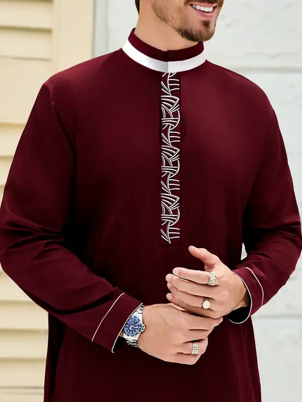 Men's Islamic Thobe – Burgundy Saudi Kaftan with Embroidery & Pocket, Traditional Muslim Robe