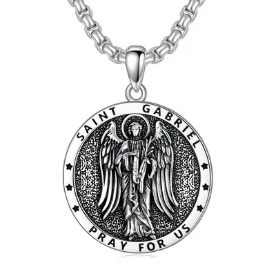 Sterling Silver Saint Gabriel Pendant Necklace with Engraved Word for Men