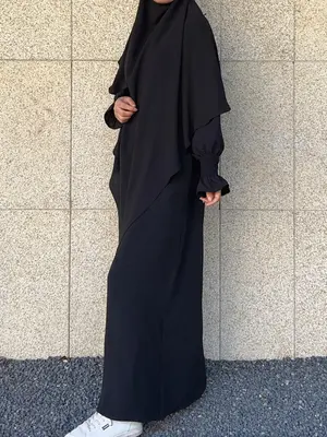 Women's Solid Color Abaya Set, Modest Long Sleeve Round Neck Dress & Hijab Two-piece Set, Women's Islamic Clothing for Spring...