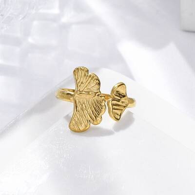 Ginkgo Leaf 304 Stainless Steel Open Cuff Rings for Women