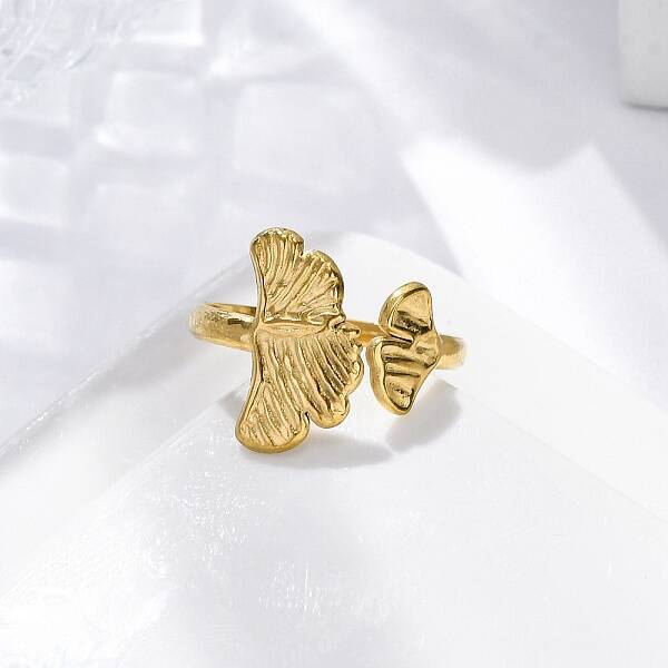 Ginkgo Leaf 304 Stainless Steel Open Cuff Rings for Women