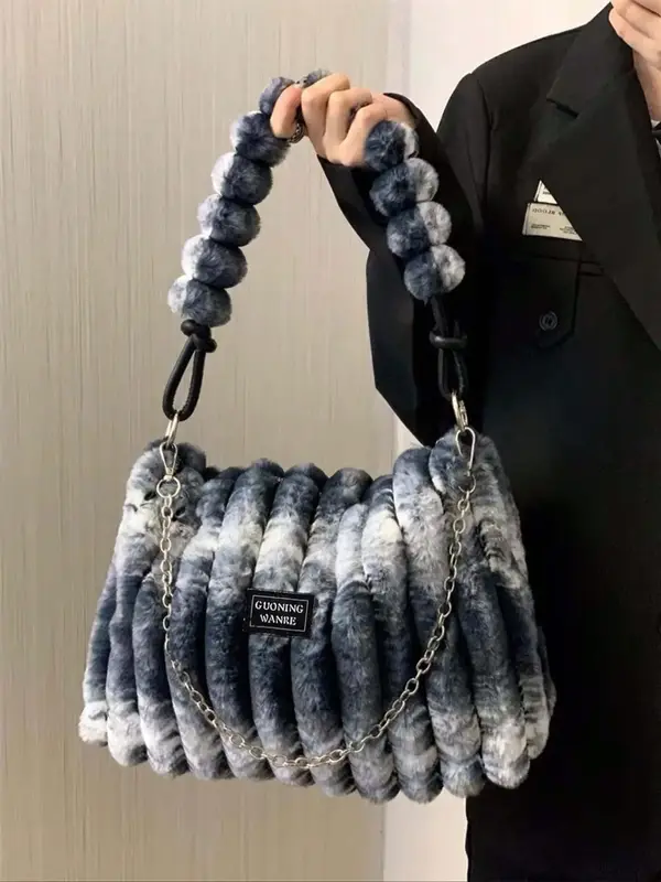 Women's Tie Dye Fluffy Plush Purse Shoulder Bags with Chain Strap, 2025 Trendy Large Capacity Square Tote Bag, Female Underar...