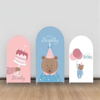 Blue Pink Bear Cakes Balloons Arch Backdrop Kit - Aperturee