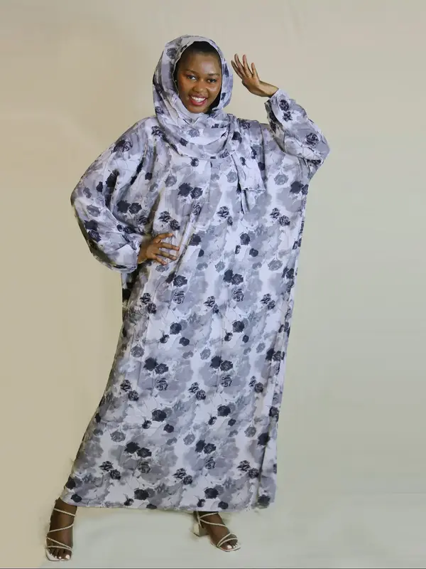 Women's Ditsy Floral Print Zipper Design Hooded Arabian Dress, Modest Bishop Sleeve Long Sleeve Maxi Muslim Dress, Muslim Cl...