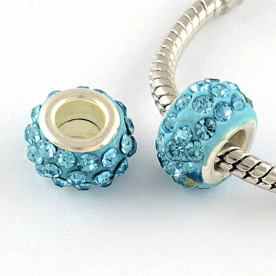 Polymer Clay Rhinestone European Large Hole Beads with Silver Color Plated Brass Cores