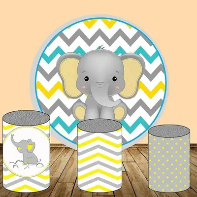 Aperturee Grey Yellow Stripes Elephant Round Birthday Backdrop Kit | Round Backdrop Stand Covers | Round Party Backdrop | Rou...
