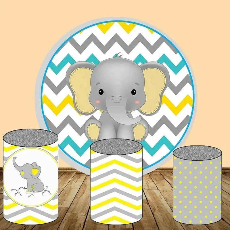 Aperturee Grey Yellow Stripes Elephant Round Birthday Backdrop Kit | Round Backdrop Stand Covers | Round Party Backdrop | Rou...