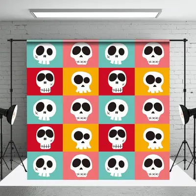 Colorful Plaid Cute Skulls Halloween Party Backdrop