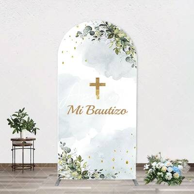 Mi Bautizo Gold Cross Leaves Arch Baptism Backdrop