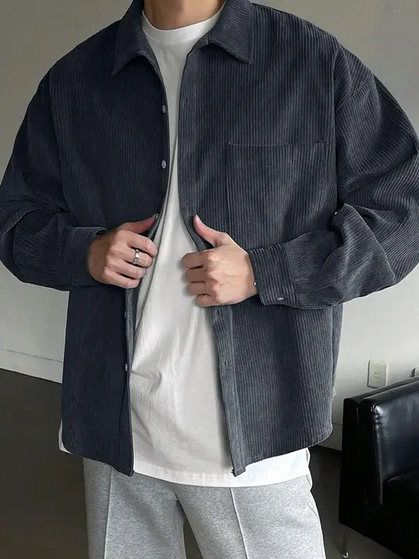 Men's Solid Button Front Pocket Shirt, Loose Casual Drop Shoulder Long Sleeve Collared Shirt for Fall & Winter, Men's Clothes...