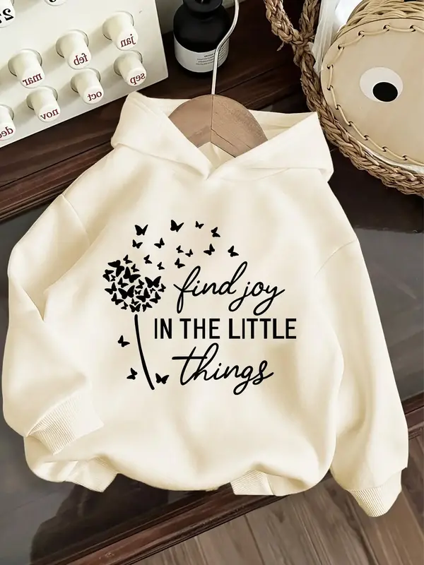 Girl's Butterfly & Letter Print Drop Shoulder Hoodie, Fashion Casual Long Sleeve Hooded Sweatshirt for Daily Outdoor Wear, Gi...