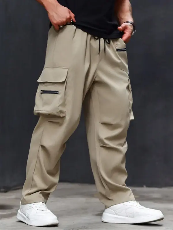 【plus Size】 Solid Pocket Drawstring Waist Cargo Pants, Casual Street Zipper Design Trousers for Daily Wear, Men's Bottoms...
