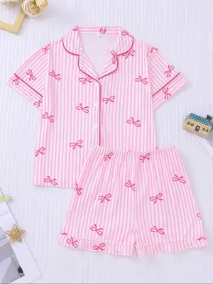Girl's Bow Print Top & Elastic Waist Shorts Pajama Two-piece Set, Cute Comfy Short Sleeve Top & Shorts Pj Set, Kids Sleepwear...