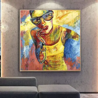 Abstract Oil Wall Art Canvas Smoking Woman Wall Art Figurative Artwork Pop Art Painting Female Wall Art Vibrant Artwork | SMO...