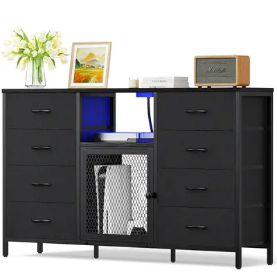 Decofy Dresser for Bedroom, 52 inch Dressers TV Stand with LED Light and Power Outlets, 8 Fabric Dressers Chest of Drawers,La...