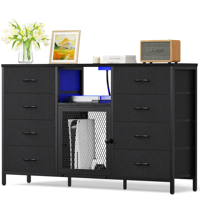 Decofy Dresser for Bedroom, 52 inch Dressers TV Stand with LED Light and Power Outlets, 8 Fabric Dressers Chest of Drawers,La...