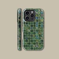 Green Toned Glass Mosaic Tiles Phone Case for iPhone 16 15 14 13 12 11 Pro Max, Retro Protective Cover