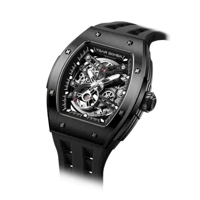 TSAR BOMBA Men's Automatic Watch | Black | Stainless Steel Case | Japanese Mechanical Skeleton Movement | Luxury Sport Wristw...