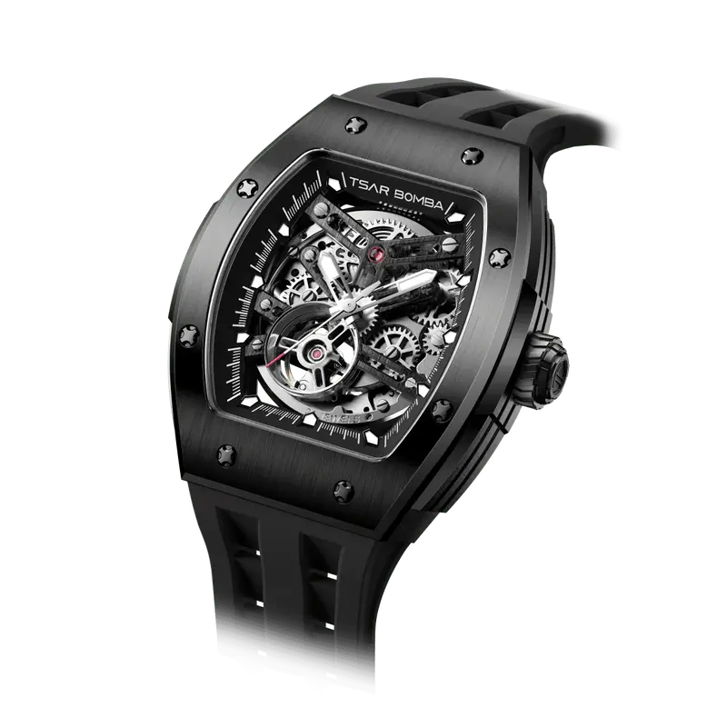 TSAR BOMBA Men's Automatic Watch | Black | Stainless Steel Case | Japanese Mechanical Skeleton Movement | Luxury Sport Wristw...