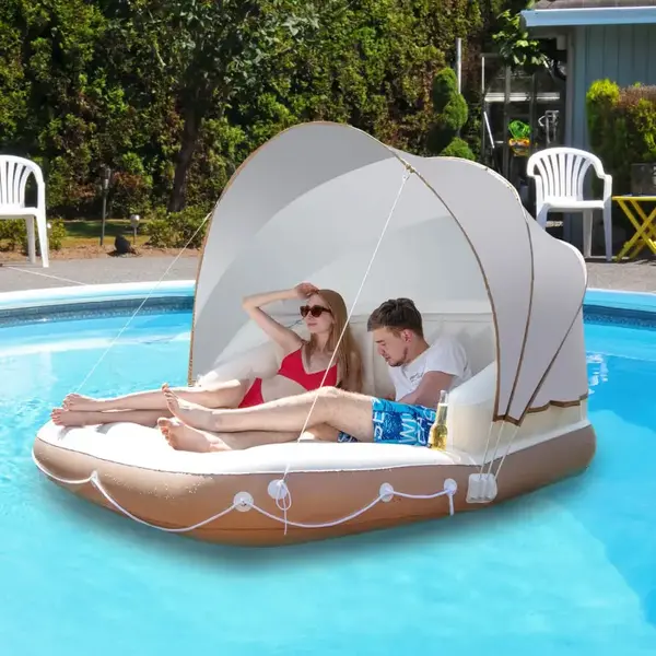 COSTWAY Inflatable Pool Float, 2/4/6 People Inflatable Pool Raft w/Air Pump & Cup Holders for Adults Kids, Floating Island To...