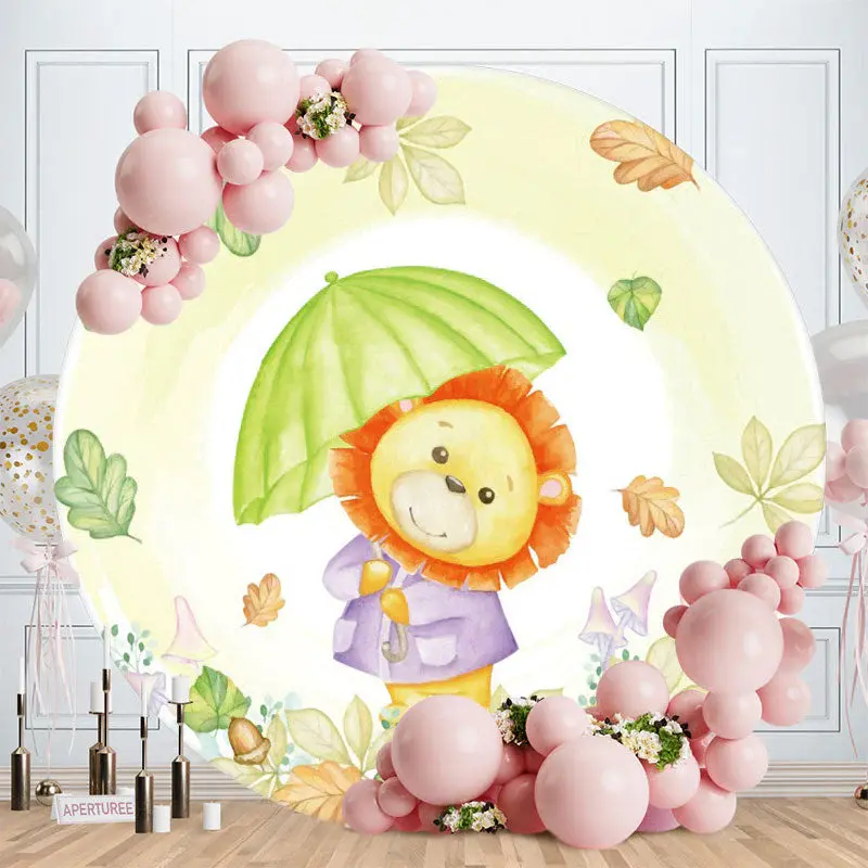 Aperturee Cute Lion And Leaves Round Baby Shower Backdorp