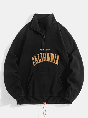 Men's Letter Embroidery Drawstring Zip Up Sweatshirt, Casual Loose Long Sleeve Stand Collar Sweatshirt for Fall & Winter, Me...