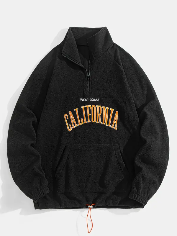 Men's Letter Embroidery Drawstring Zip Up Sweatshirt, Casual Loose Long Sleeve Stand Collar  Sweatshirt for Fall & Winter, Me...