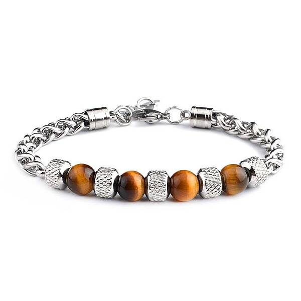 Natural Tiger Eye Beaded Bracelets with Stainless Steel Wheat Chains