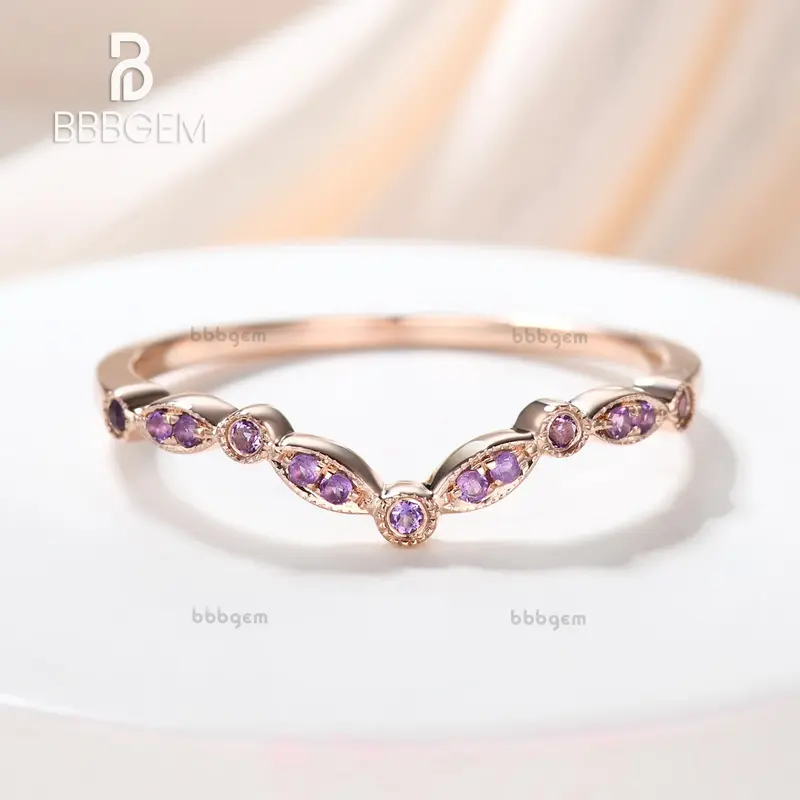 Milgrain Marquise Curve V Amethyst Wedding Band in 14k Rose Gold