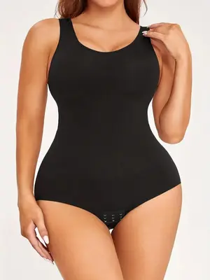 Women's Solid Seamless Shapewear Fit Bodysuit, Comfort Basic Minimalist Sleeveless Bodysuit, Tummy Control Butt Lifting ...