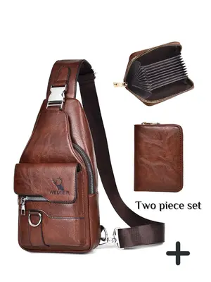 Men's Business Solid Color Zipper Chest Bag & Card Holder Set , Casual Pu Leather Crossbody Bag with Adjustable Strap & Walle...
