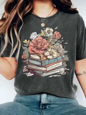 Women's Cartoon Floral & Books Print Round Neck Tee, Fashion Casual Short Sleeve T-shirt, Ladies Summer Clothes for Daily Wea...