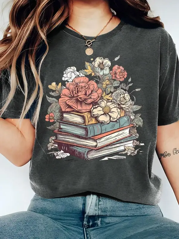 Women's Cartoon Floral & Books Print Round Neck Tee, Fashion Casual Short Sleeve T-shirt, Ladies Summer Clothes for Daily Wea...