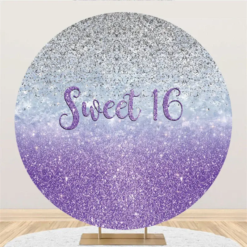 Aperturee Silver Purple Glitter Sweet 16Th Round Birthday Backdrop | Custom Round Backdrop | Custom Circle Backdrop Birthday ...