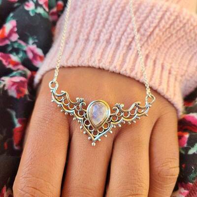 Hollow Triangle Alloy & White Synthetic Opal Pendant Necklaces for Women