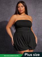 【Plus Size】 Black Tube Romper, Casual Fashion Curvy Minimalist Sleeveless Romper for Summer, Women's Clothes for Daily We...