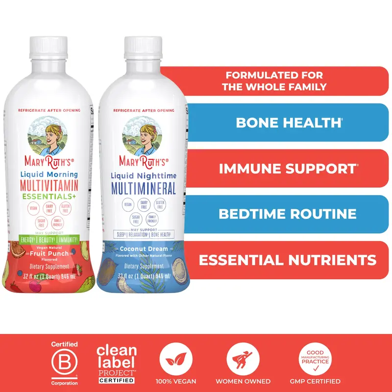 MaryRuth's AM to PM Multivitamin + Multimineral Bundle - Liquid Morning Multivitamin Essentials+ & Liquid Nighttime Multimine...