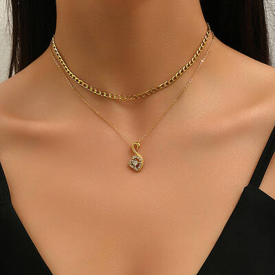 Elegant Stainless Steel Crystal Rhinestone Swan Penant Double Layer Necklaces for Women